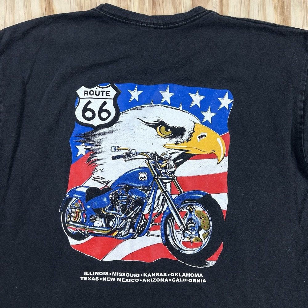Vintage Y2K Route 66 Mens XL Biker Eagle American Flag Graphic T-Shirt USA